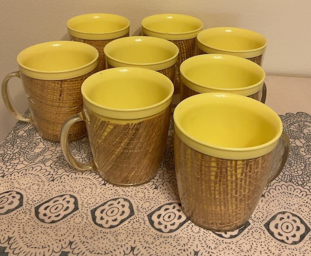 60’s Vintage Rattan Raffia Wicker Insulated Tumblers Plastic Cups set of 8
